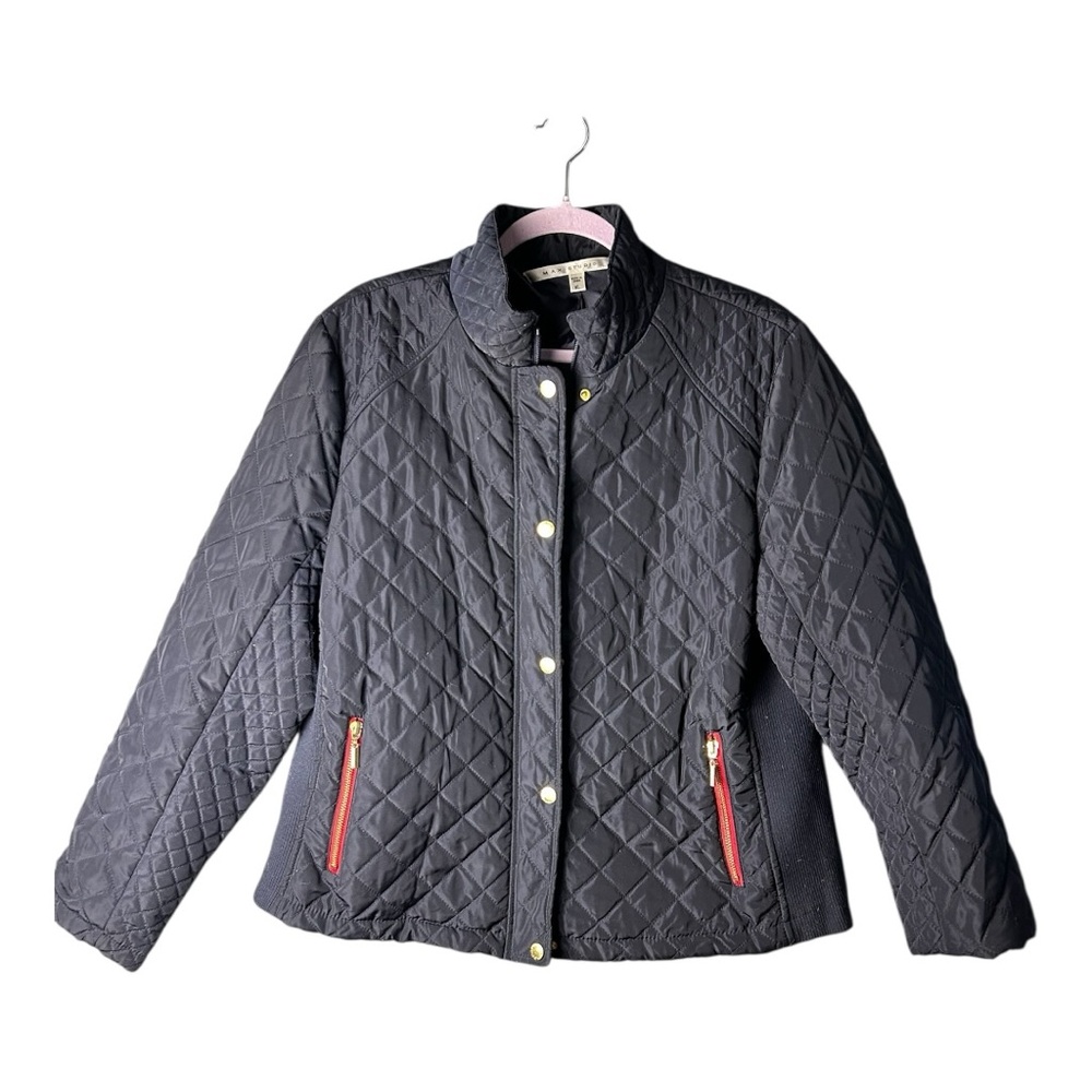 Max Studio Women's Navy Quilted Jacket with Red Zippers Accents Size XL